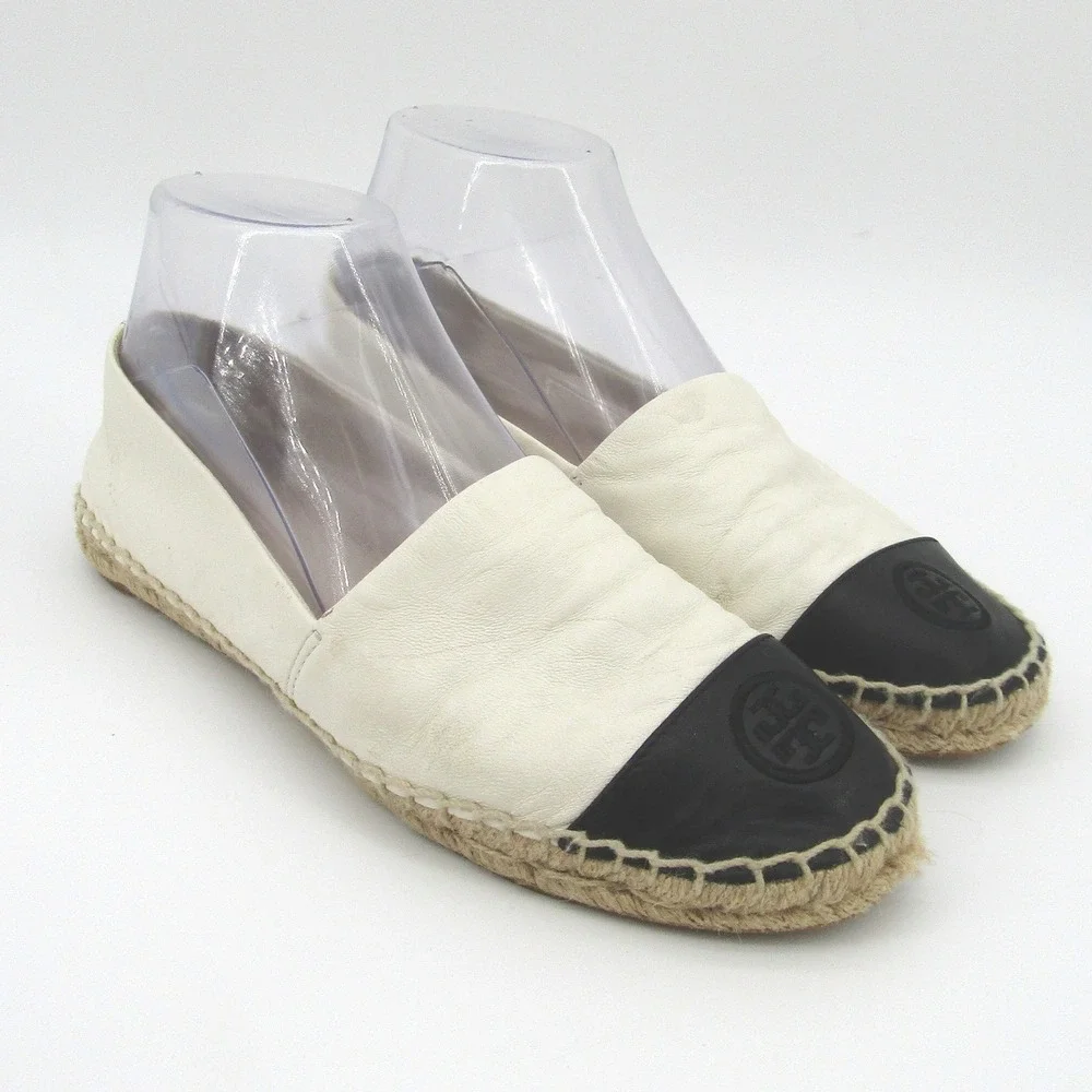 Tory Burch Womens Leather Cap Toe Espadrille Flats Cream Black Logo 8M 51158649